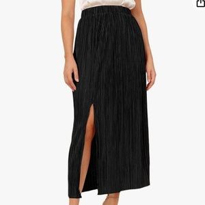 Rooscier Women's Pleated Side Split Elastic High Waist Shiny Black Midi Skirt